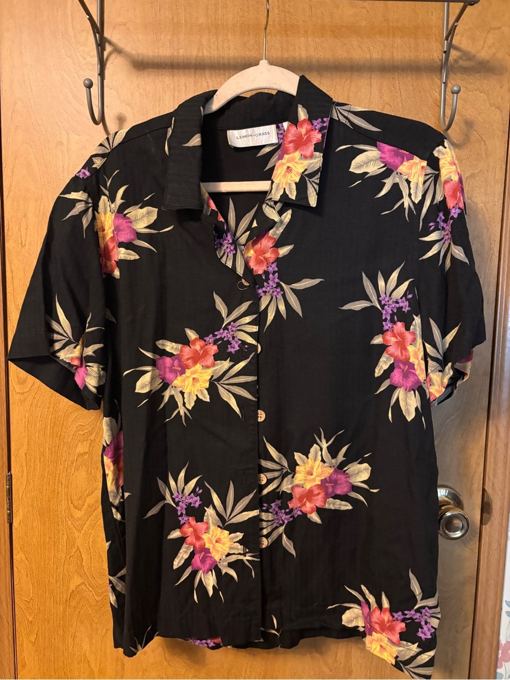 Lush Floral Short-Sleeve Button-Up Shirt - Black with Pink & Yellow Flowers